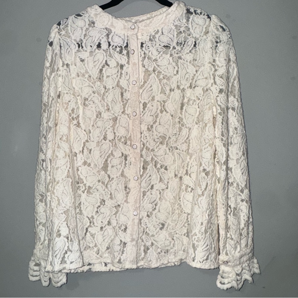 PrettyGarden Cream Floral Lace Button Down Blouse Ruffle Cuff‎ Long Sleeve Top M